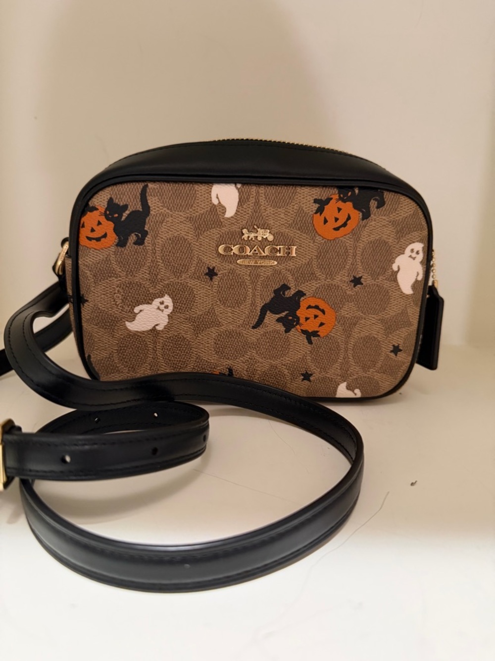 Coach Brown Signature Canvas Halloween Crossbody with Black Trim